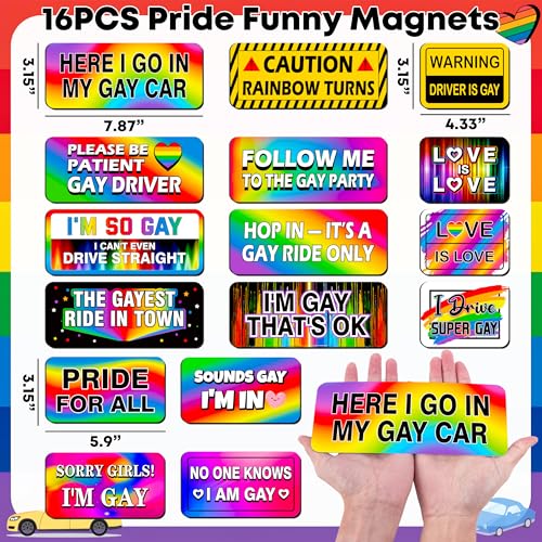 Image of 16PCS Gay Pride Car Bumper Magnets: Funny Rainbow Decals Bulk for LGBT Parade, Truck, Fridge, Cruise - Prank Gift Idea(Colorful Style)