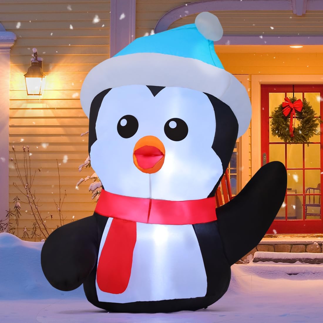 GOOSH 4.2 FT Christmas Inflatables Penguin Outdoor Decorations Blow Up Yard Cute Penguin with Blue Hat with Built-in LEDs for Garden Lawn Indoor Party Decor
