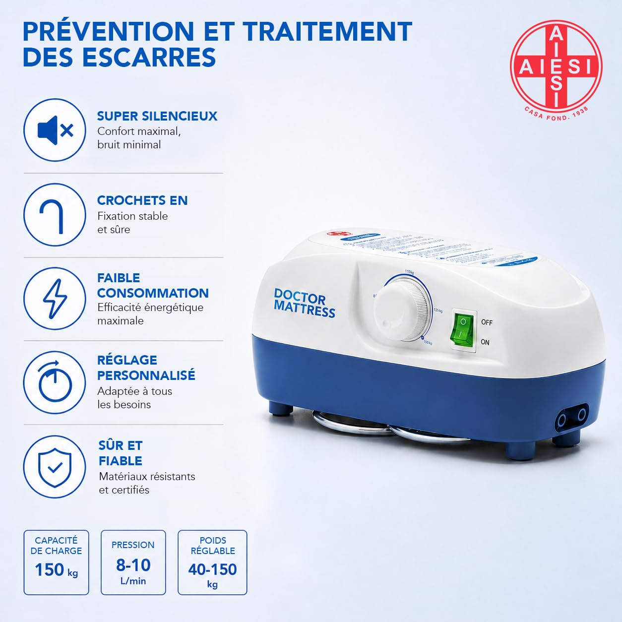 AIESI® Compresseur à Cycle alterné réglable pour Matelas Anti-escarres, Crochets en Acier, Garantie 24 Mois