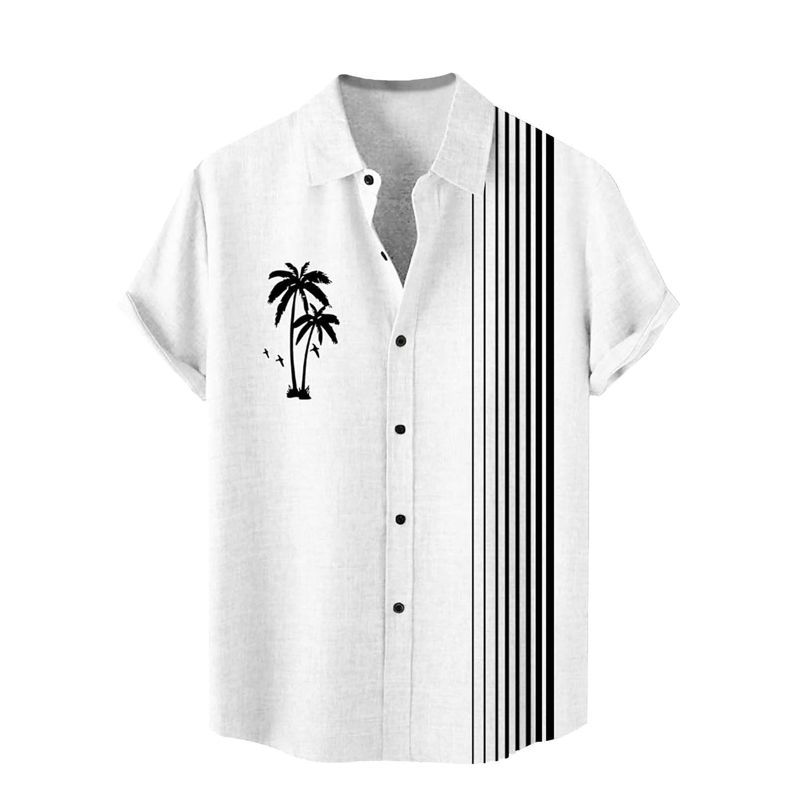 Men's Vintage Bowling Shirts 1950s Retro Print Short Sleeve Button Down Shirt Summer Casual Cuba Beach Hawaiian Shirt, E# White, Medium