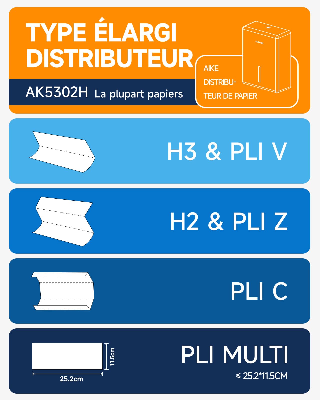 AIKE Distributeur De Serviettes en Papier Élargi, 400-Feuilles Mural pour H2, H3, Plié Z/V/C & Multifold (Taille ≤25,2 * 11,5cm), AK5302H