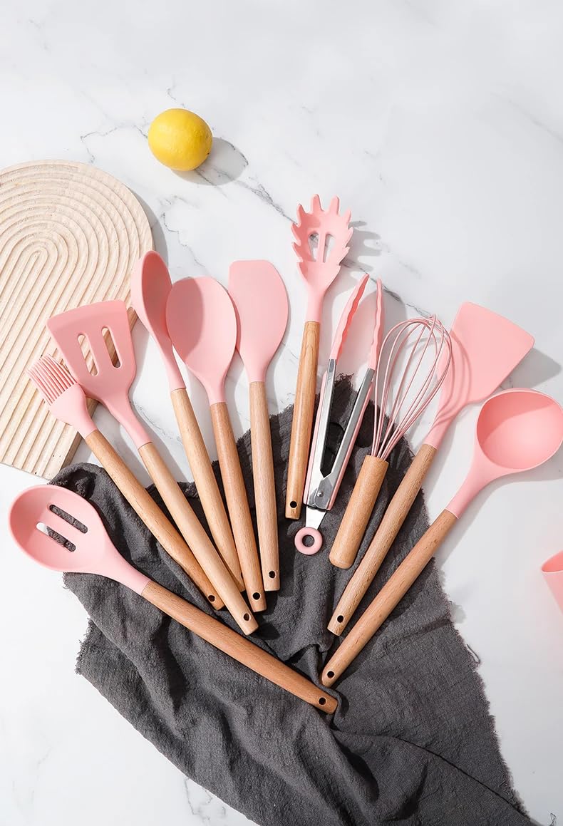 GlowArk 12-Piece Silicone Kitchen Utensil Set: Heat resistant up to 446°F. Includes Turner, Tongs, Spatula, Spoon, Brush, Whisk, Wooden Handles, Holder for Nonstick Cookware. (Light Pink)