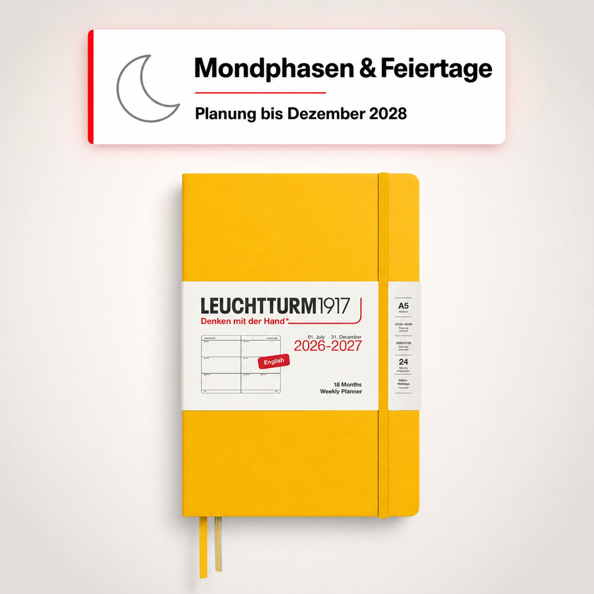 LEUCHTTURM1917 Agenda semanal 2027 tamaño mediano (A5) – Inglés, girasol, tapa dura, 145 x 210 mm, 18 meses – 07. 2026 – 12/2027, 1 semana por página doble, papel de 80 g/m² con alta compatibilidad