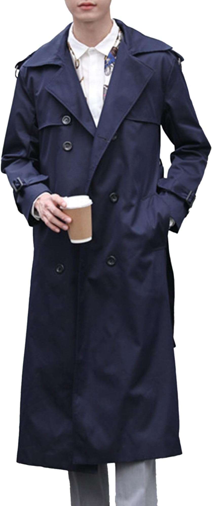 Man's Double Breasted Trench Coat Casual Windbreaker Belted Trench Coat Lapel Long Jacket Overcoat