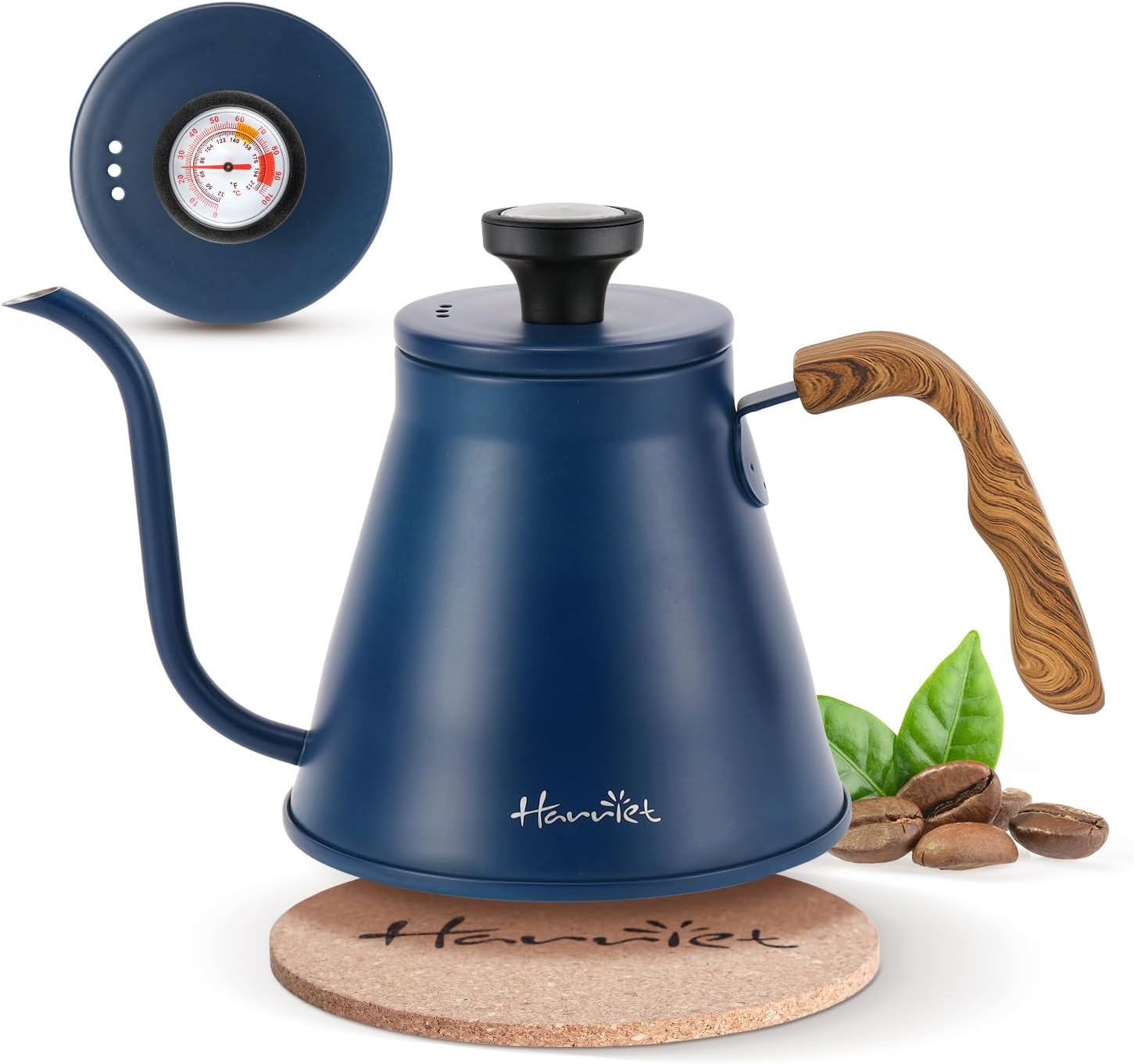 Gooseneck Kettle with Thermometer for Pour Over Coffee and Tea, 37 fl oz, Stainless Steel, Durable 3-Layer Base, Ideal Spout for Precision Pouring, Compatible with all Stove Tops, Blue