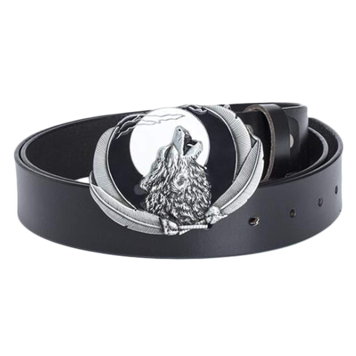 Daisybaby Unisex Style 3 Black Men Genuine Leather Belt With Western Cowboy Wild Wolf Belt Buckle Black Size 36