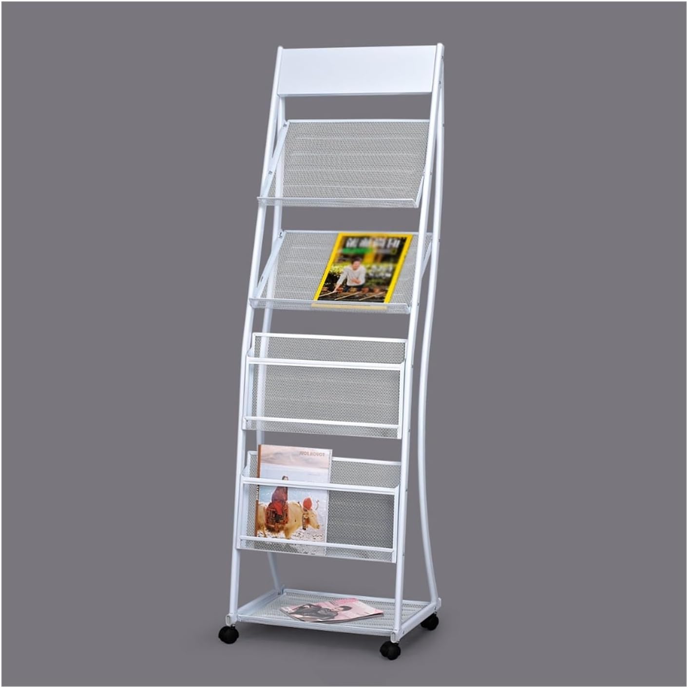 Floor-Standing Magazine Rack, Brochure Display Stand Floor Standing Literature Magazine Rack Holder with Wheels, Newspaper Stand with 4 Shelves for Products Exhibition Fairs Show ,Display Rack(Black)
