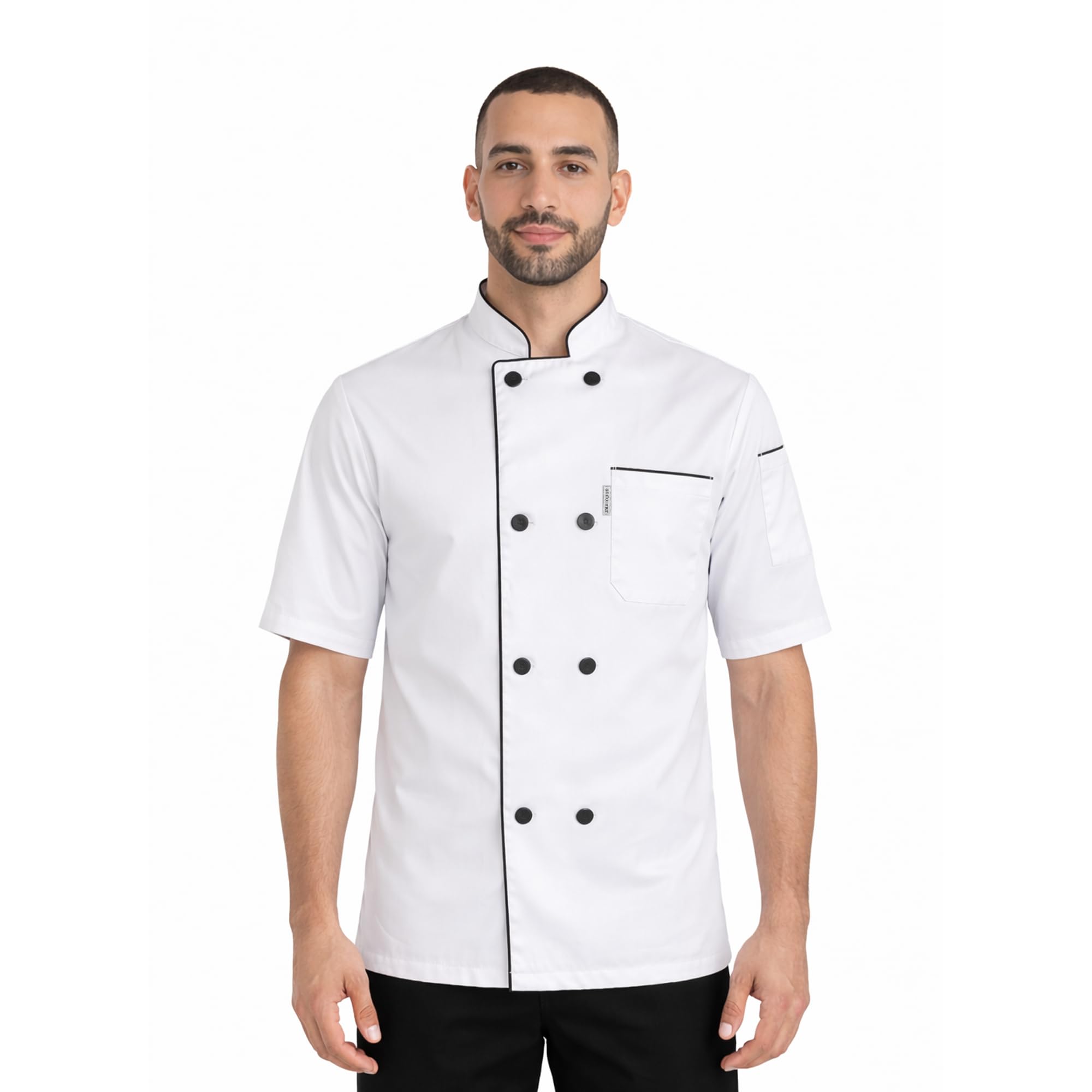 Half-Sleeve Chef Coat for Men with Black Piping | Double-Breasted Chef Coat With Reversible Closure | Ideal for Chefs, Cooks, and Kitchen Staff-image-48