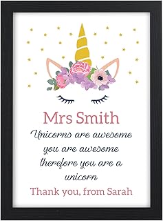 Personalised Teacher Thank You Unicorn Gifts For Female Teacher, Childminder, TA - Thank You Gifts for Teachers, Teaching Assistants, TA, Nursery Teachers - ANY NAMES - A5, A4 Prints and Frames