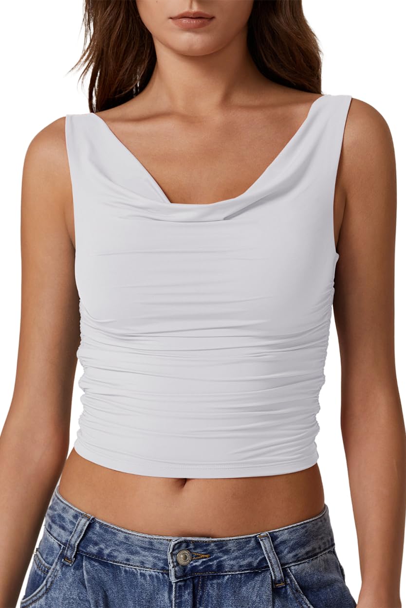 QINSEN Women's Cowl Neck Top Sleeveless Ruched Double Lined Crop Top Y2k T Shirts