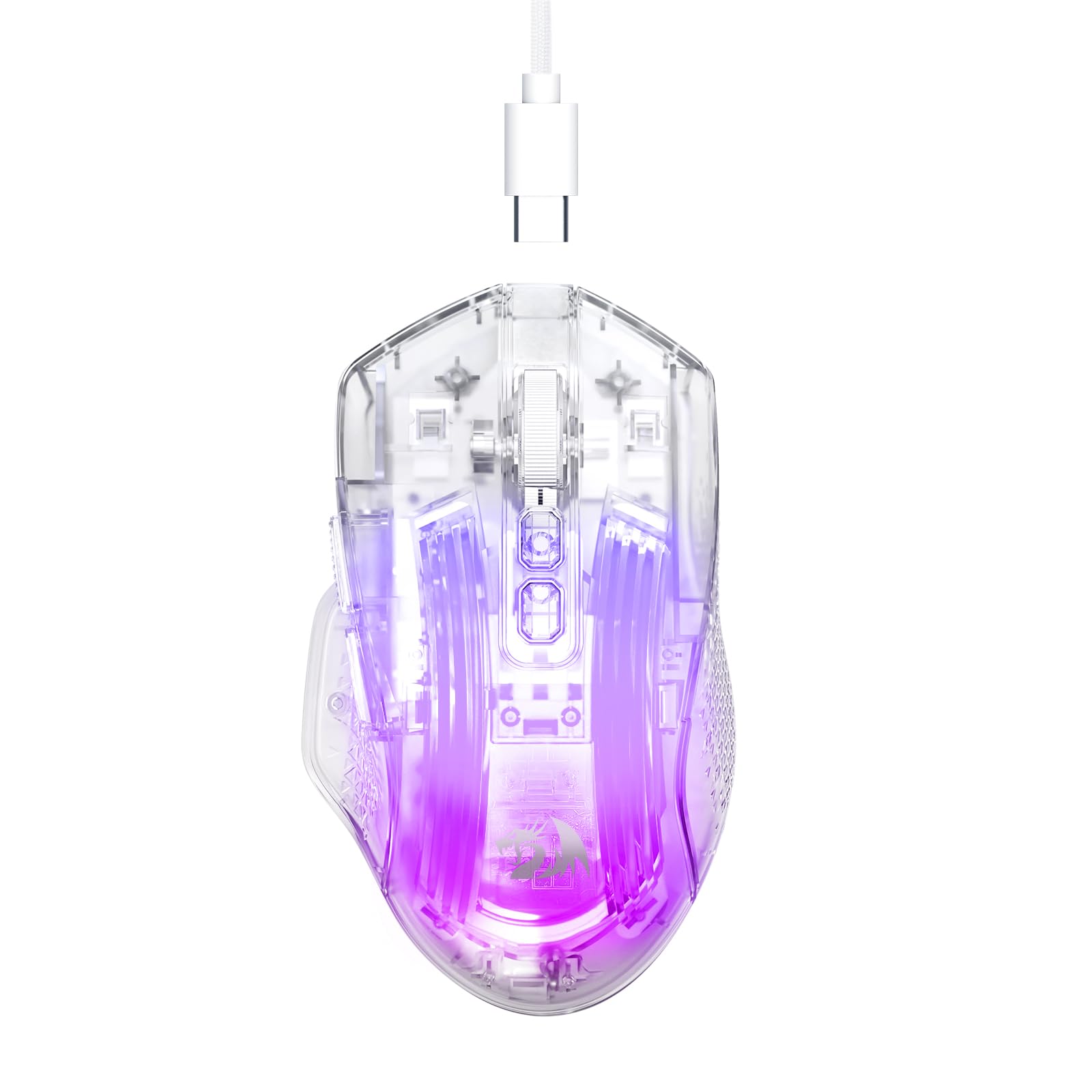 redragon wired gaming mouse, 24,000 dpi, 7 programmable button, 2 side buttons, 8 rgb led backlit mode, clear transparent shell, light up gamer mice, soft cable for pc/mac/xbox, white