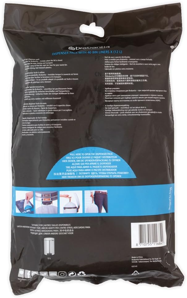 Brabantia Perfectfit Bags, Dispenser,X,10-12L,40pcs, White, 10 L/Size X