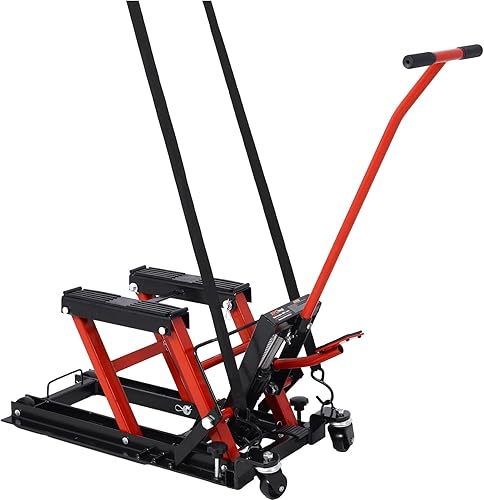Miniatura 3 de Gato elevador hidráulico para motocicleta, capacidad de 1500 libras, soporte portátil de tijera ATV con 4 ruedas, polipasto accionado por pie para