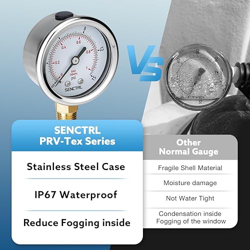 Miniatura 36 de SENCTRL Medidor de presión sin plomo de 100 psi, dial de 2 pulgadas, montaje inferior 1/4 NPT, impermeable, caja de acero inoxidable, para tanque