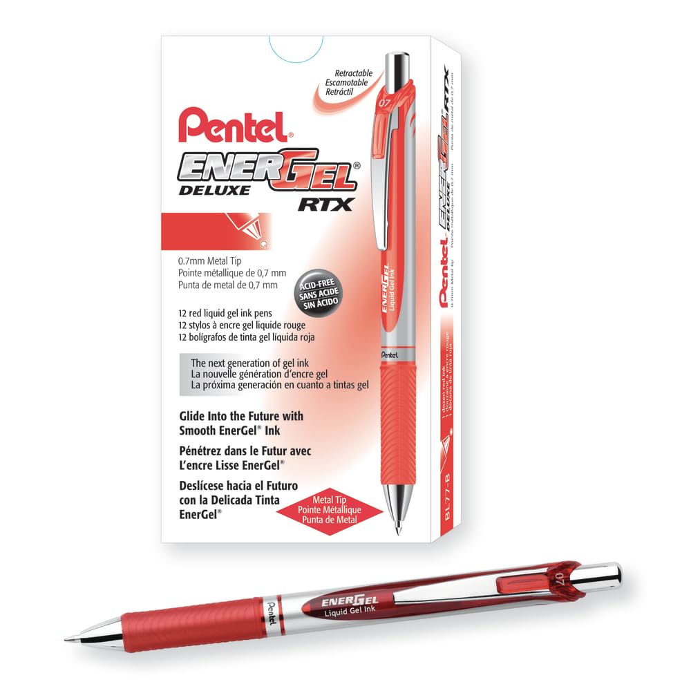 Pentel EnerGel Retractable Liquid Gel Pens, Medium Point, 0.7 mm, Silver Barrel, Red Ink, Pack of 12