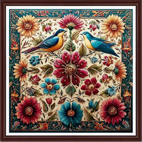 Image of Dooxvey Counted Cross Stitch Kits for Adults 11CT Printed Cross-Stitch Patterns Cross Stitching Embroidery Kit Stamped or Counted Needlepoint Kits-Colorful Flowers and Birds 18x18 inch