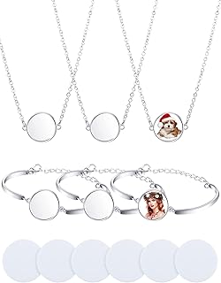 6 Piece Sublimation Bracelets Necklace Blank Heat Transfer Bezels Pendant Jewelry Sublimation Blank Photo Necklaces DIY Bracelets with Sublimation Blank Disc for Women Jewelry Making