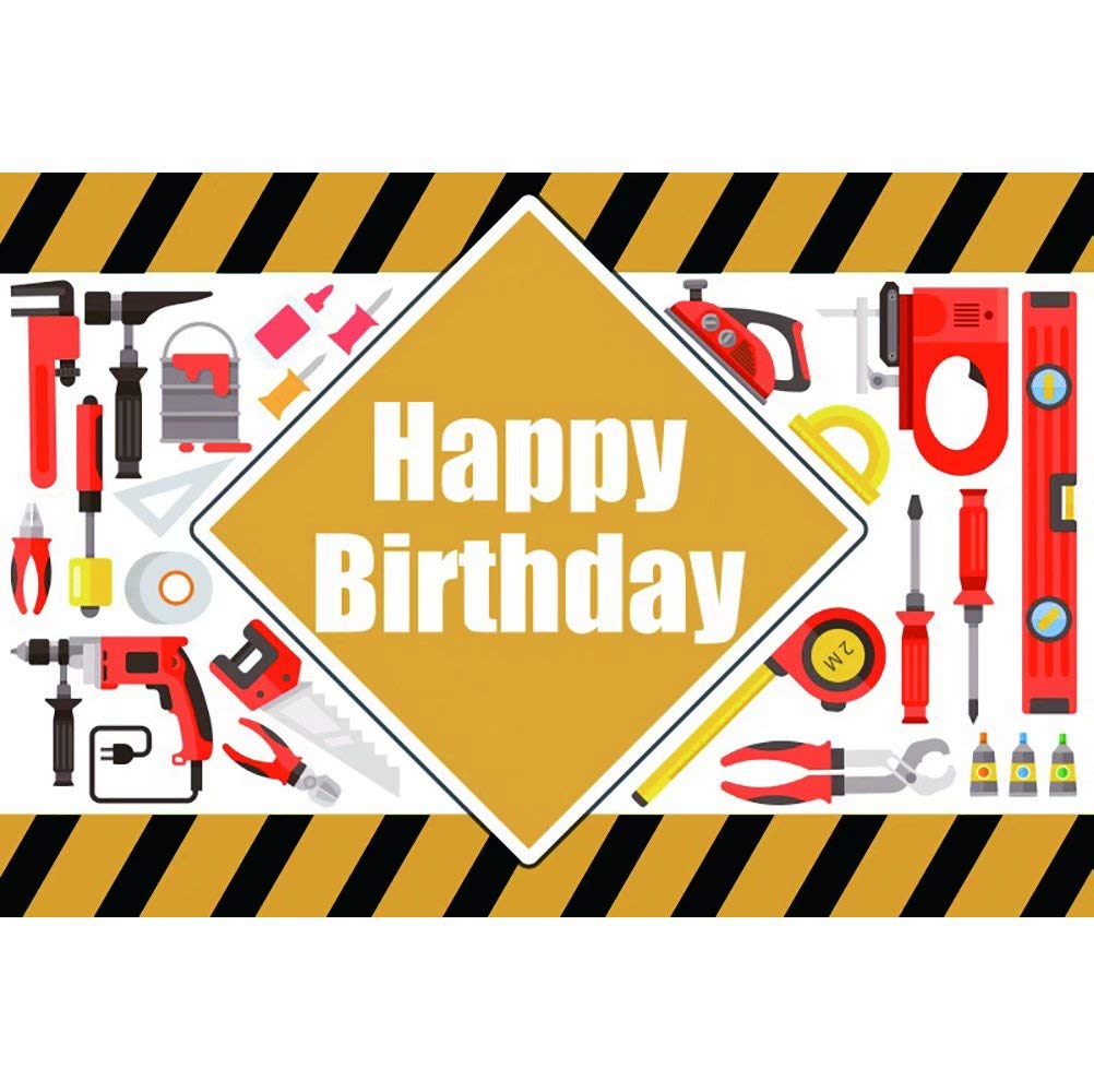 Construction Tools Theme Happy Birthday Backdrop for Boy 7x5ft Vinyl Tool Encyclopedia Engineering Genius Yellow and Black Stripes Background Kids