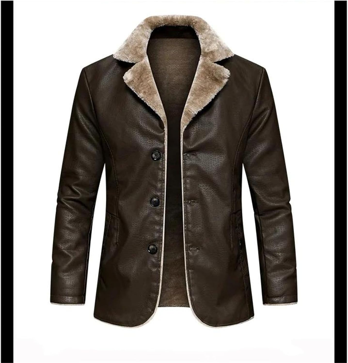Men's Fashion Turn Down Collar Faux Leather Jacket Solid Color Casual Winter Style Single Breasted Comfortable Coat