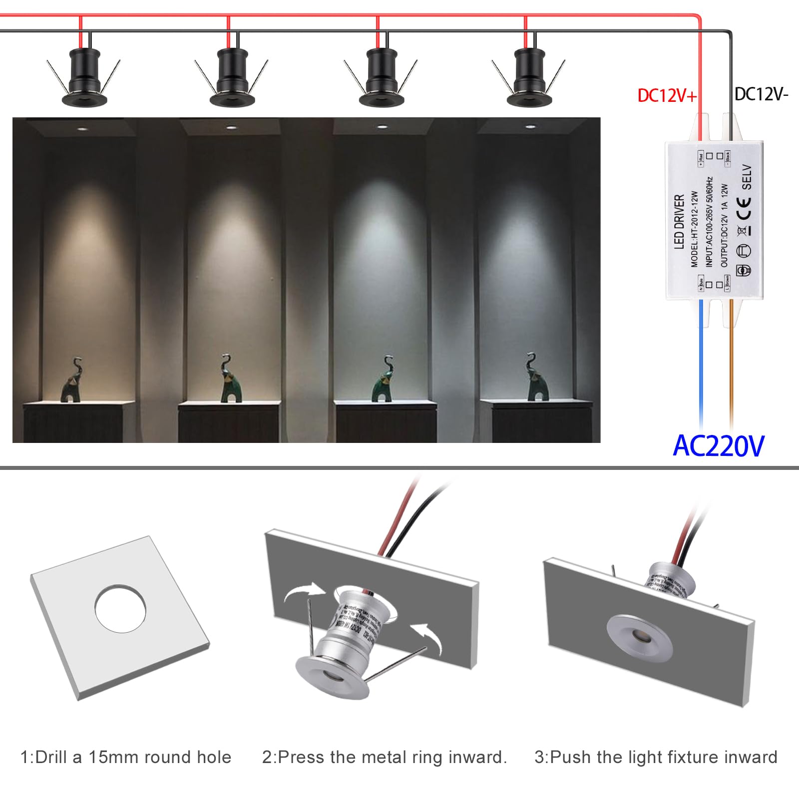 902 120° mini reflektor LED, DC12V 1W, 80Ra, 75lm, niewielki rozmiar, montaż wbudowany, nadaje się do oświetlenia szafek, takich jak szafki na wino, szafki na buty itp.(3000K,Silver,9Pack)