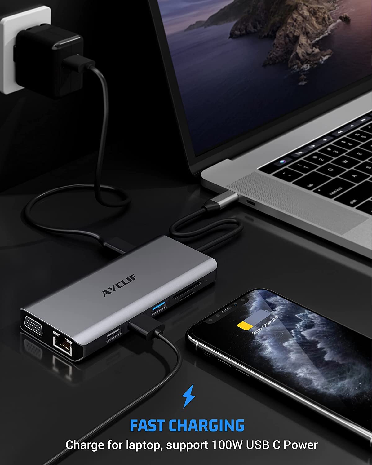 12 in 1 Docking Station, AYCLIF USB C Hub Quadruple Display Thunderbolt 4 Dock (4K Dual HDMI,VGA,Ethernet,USB 3.0,PD 3.0,SD/TF Slots,Audio) Laptop Docking Station