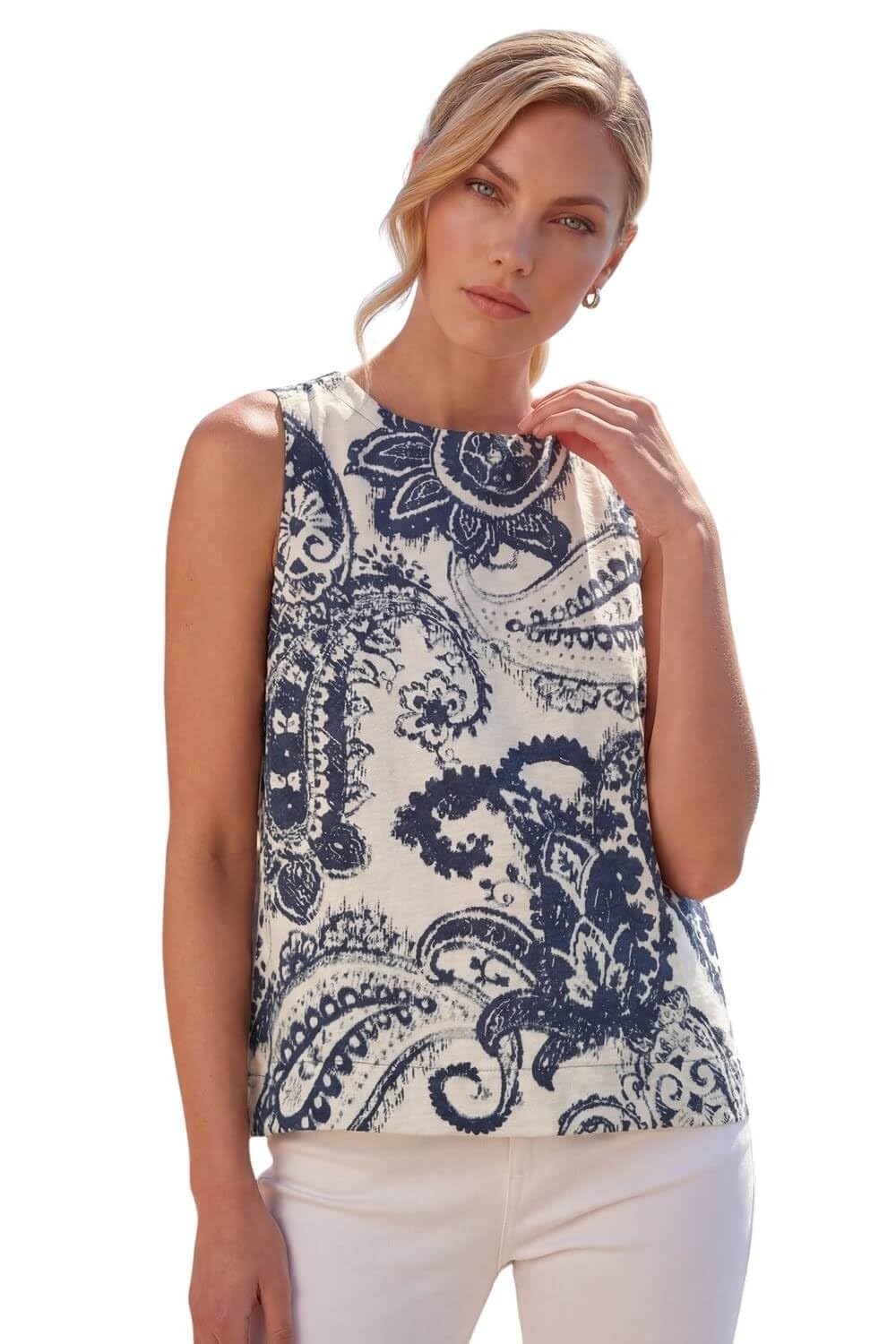Roman Originals Women's Navy Paisley Print Shell Top For Uk - Everyday Holiday Spring Summer Round Neckline Comfy Soft Evening Vacation Work Party - Size 14