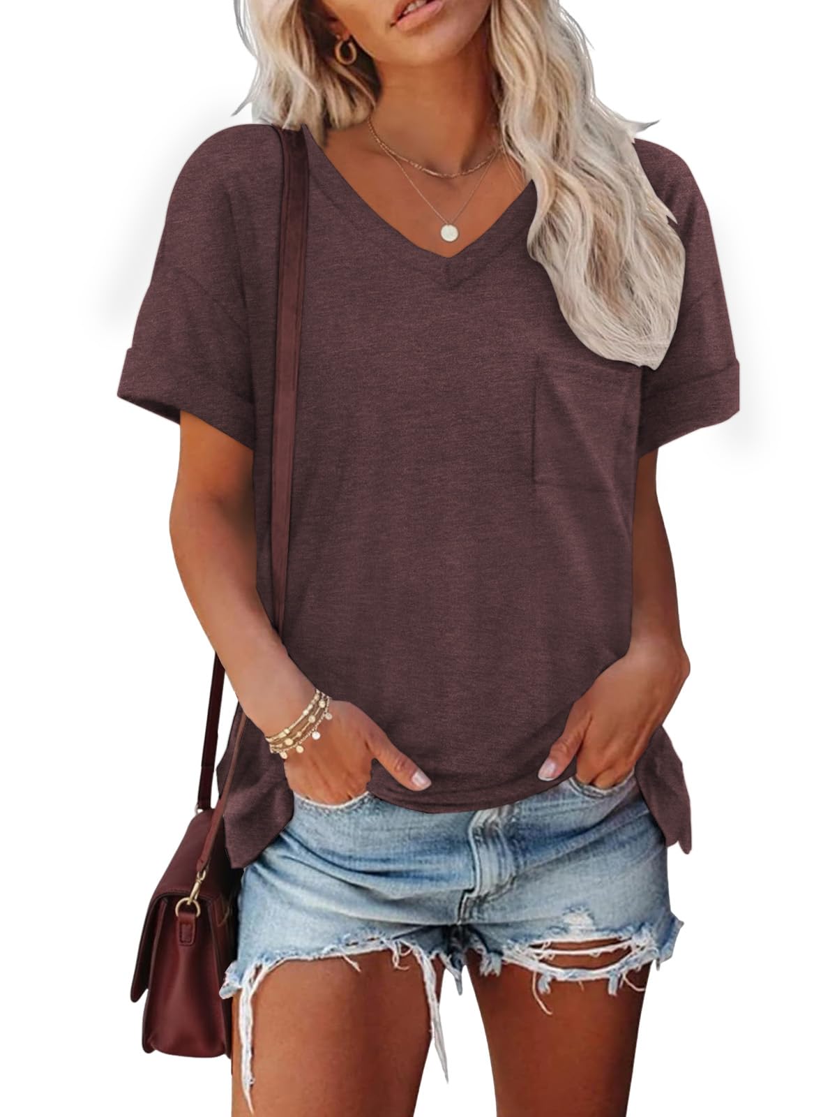 Cuptacc Tshirt Damen Sommer Basic T Shirt Damen V Ausschnitt Oberteile Kurzarm Elegant Summer Tops Mit Tasche Locker Blusen