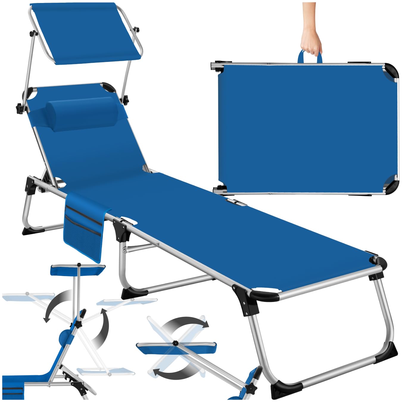 TecTake® Tumbona Jardín Exterior de Aluminio, Tumbona Plegable con Reposacabezas, Parasol y Bolsillo Lateral, Tumbona Playa Reclinable en 6 Posiciones, Tumbona Piscina Resistente a Intemperie - Azul