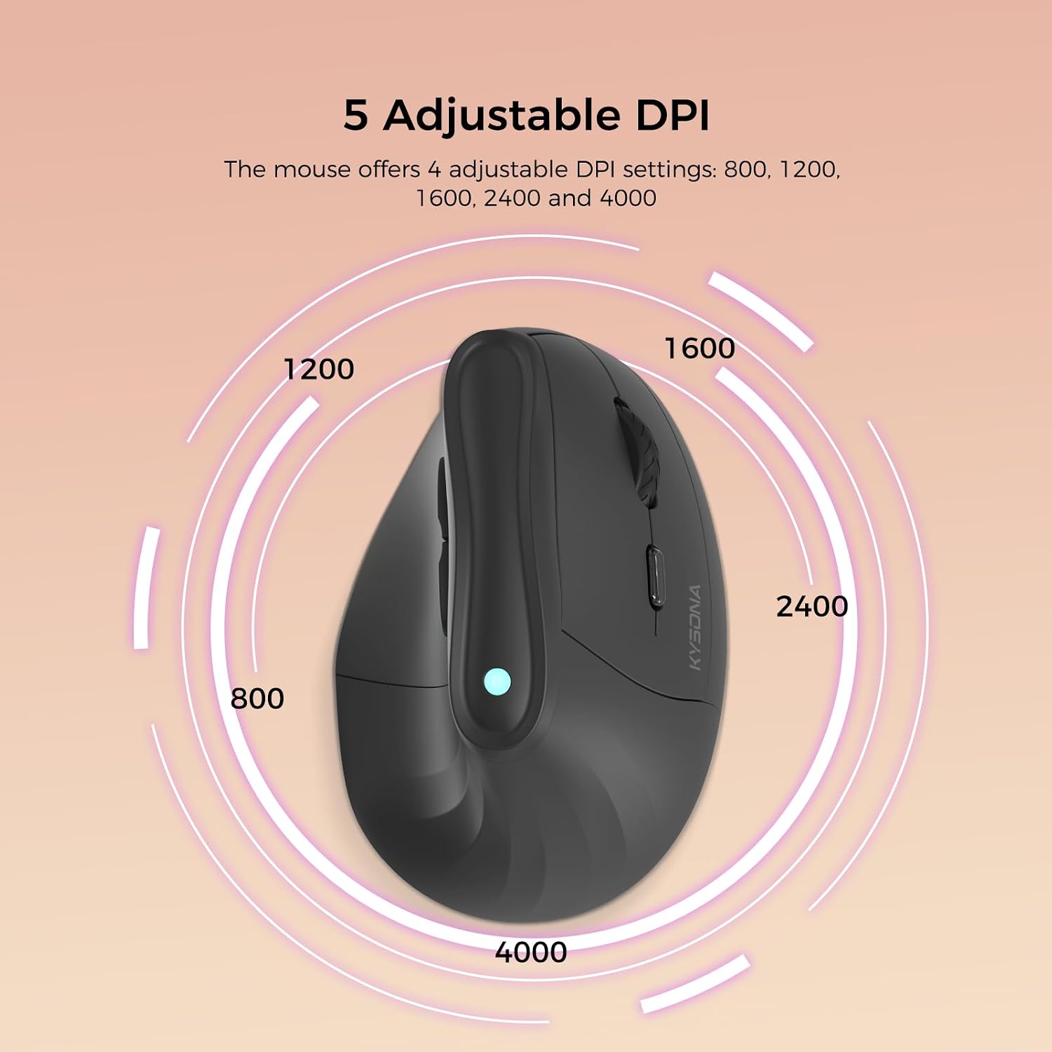 KYSONA 57° Ergonomic Wireless Tower Mouse, Vertical Quiet Ergo Mouse, Bluetooth(BT5.0,BT3.0)&2.4G, (800/1200/2400/2400/4000), 5 Buttons for Windows, macOS, iPadOS, Laptop, PC, Black - 5