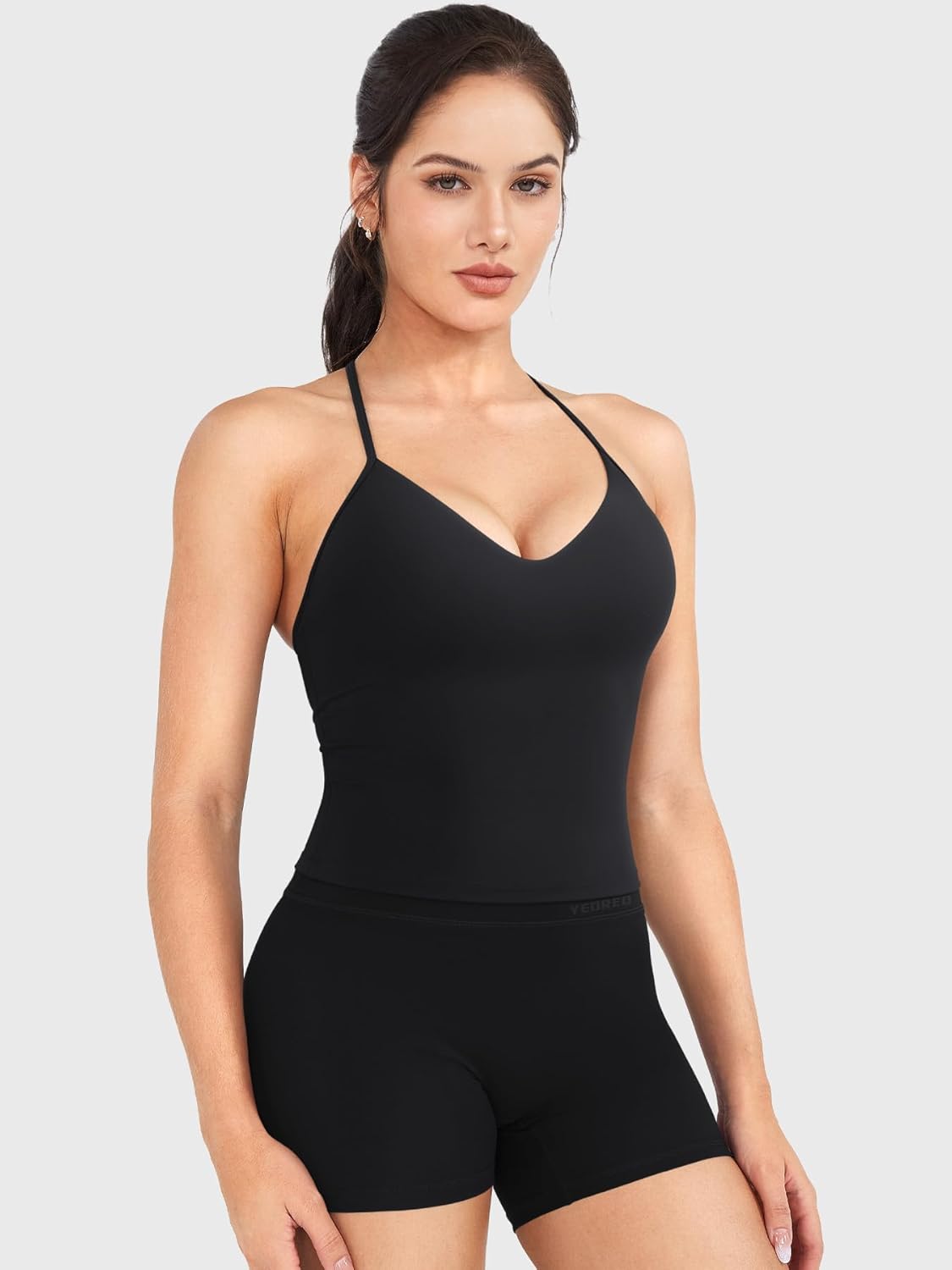 YEOREO Women's Impact Halter Tank Top Strappy Padded Halter Open Back Deep V Neck Built-in Bra Workout Gym Crop Tops - Image 4