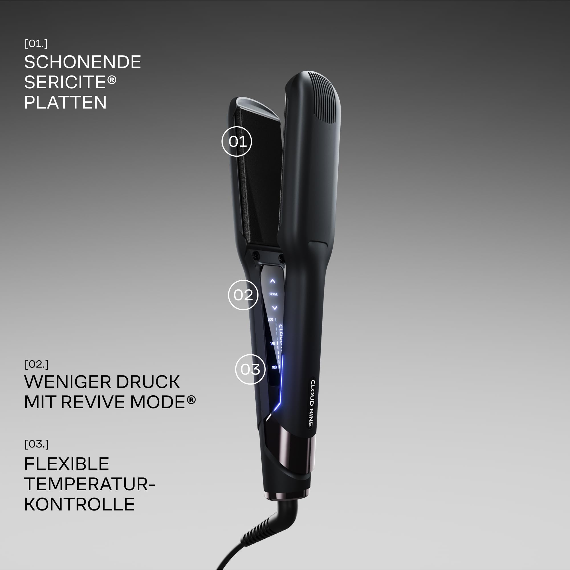 Cloud Nine Wide Iron Glätteisen, breite Platten für dickes Haar, Schwarz | Breiter Haarglätter, 11 Stufen, 100-200°C, Revive-Modus, Keramikplatten, weniger Frizz, langes Haar, Etui und Schutzkappe