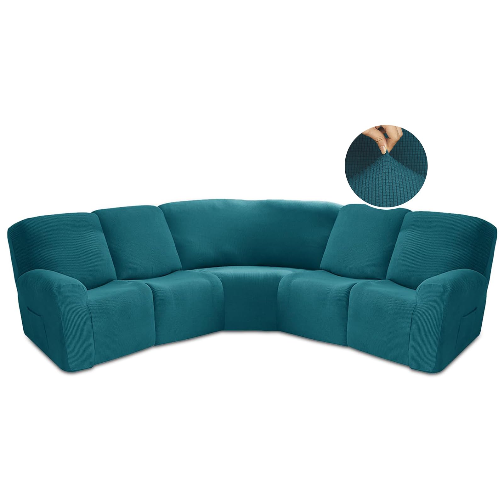 JUNLEBUYI Recliner Slipcover, L Shape Sectional Recliner Sofa Covers, 5 Seater Jacquard Stretch Reclining Couch Covers for Reclining L Shape Sofa, Thick, Soft, Washable (Deep Teal)