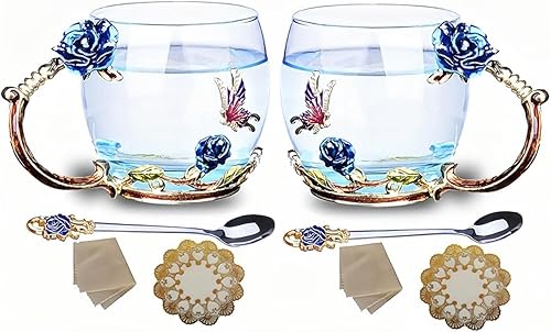 Vista 15 de Paquete de 2 tazas de té elegantes, tazas de café de vidrio de 12 onzas, tazas de vidrio transparente con juego de cuchara, envía 2 posavasos 2