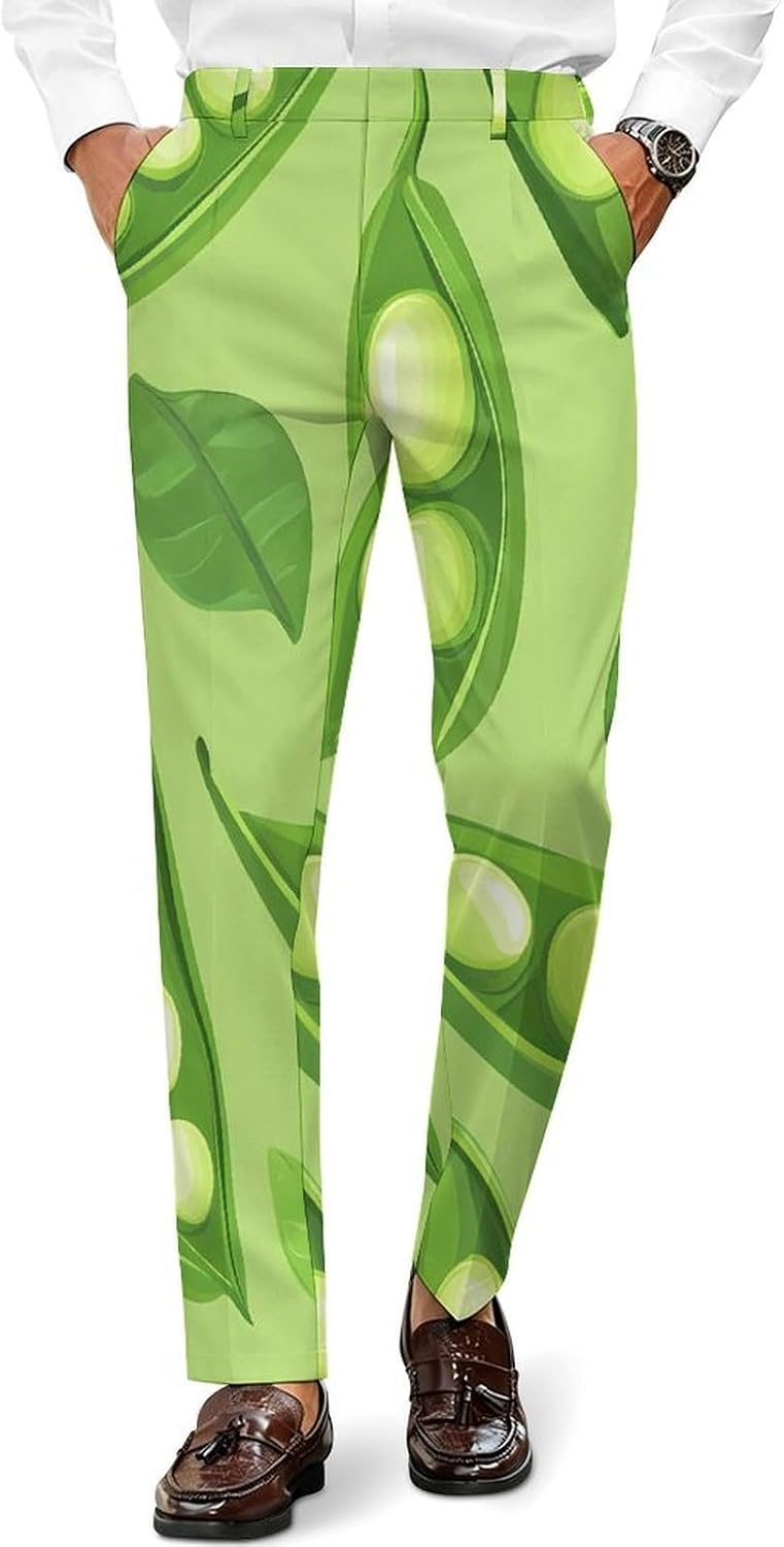 Pea Pod Green Leaves Men's Classic Fit Suit Pants Straight Leg Design Printed Trousers