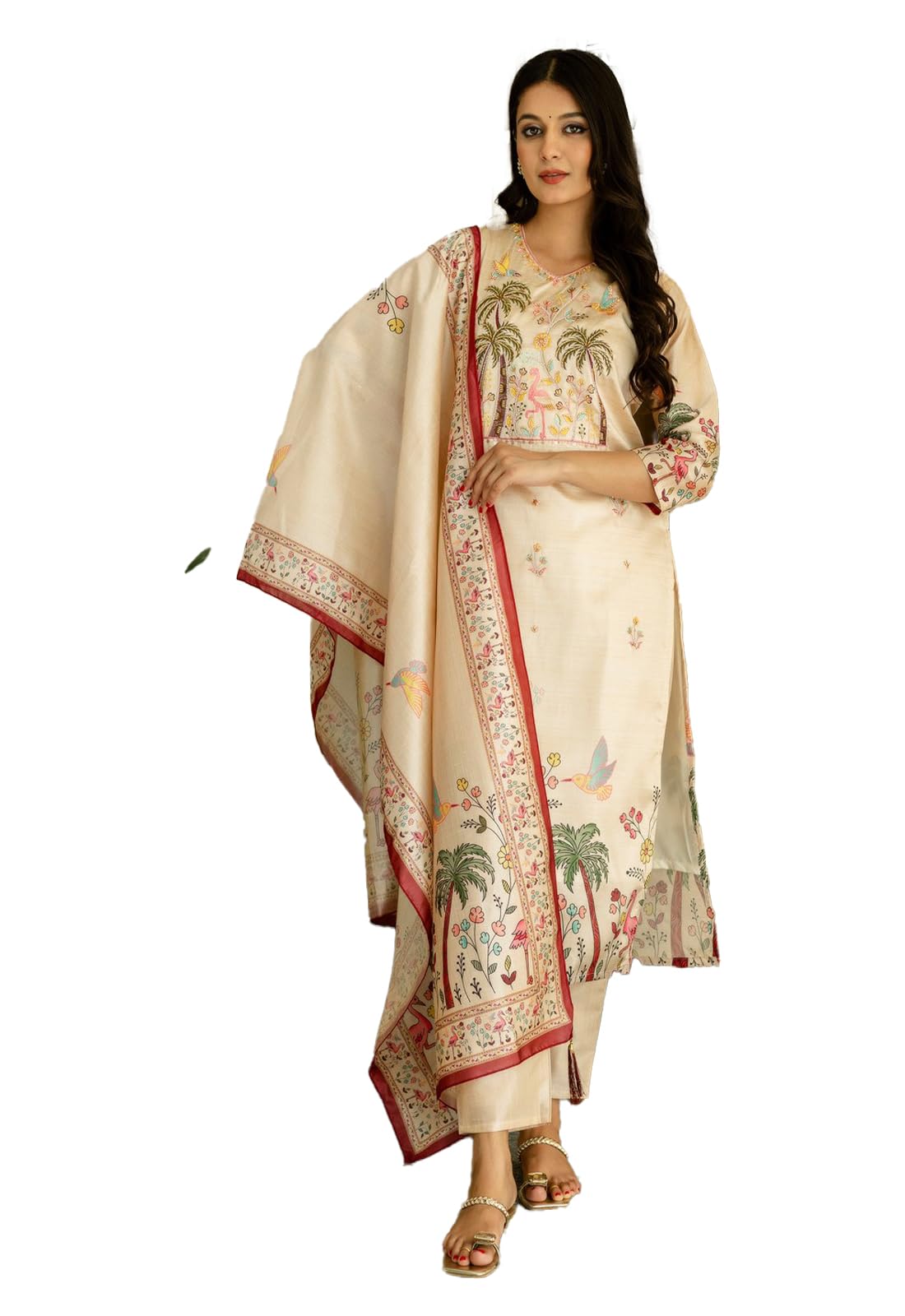 yashika Women's Beige Viscose Assam Silk Fabric Straight Printed Kurta, Pant and Dupatta Set | Kurta Set for Women-picture-17