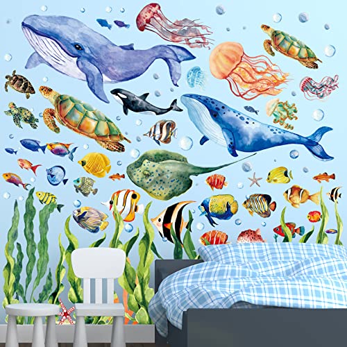 Glow In The Dark Under The Sea Wall Decals Glowing Ocean World Themed Wall Stickers Sea Turtle Seaweed Jellyfish Removable Wall Decor For Bathroom Bedroom Nursery Toddler Kids Boys Girls Room #TOP2