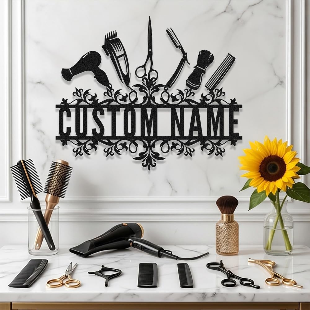 Personalized Hair Salon Metal Sign Beauty Wall Decor, Custom Barber Shop Name Signs Gifts for Men,Women,Stylists,Hairdresser,Customized Hair Stylist Welcome Plaques Decoration for Hairstyle Barbershop