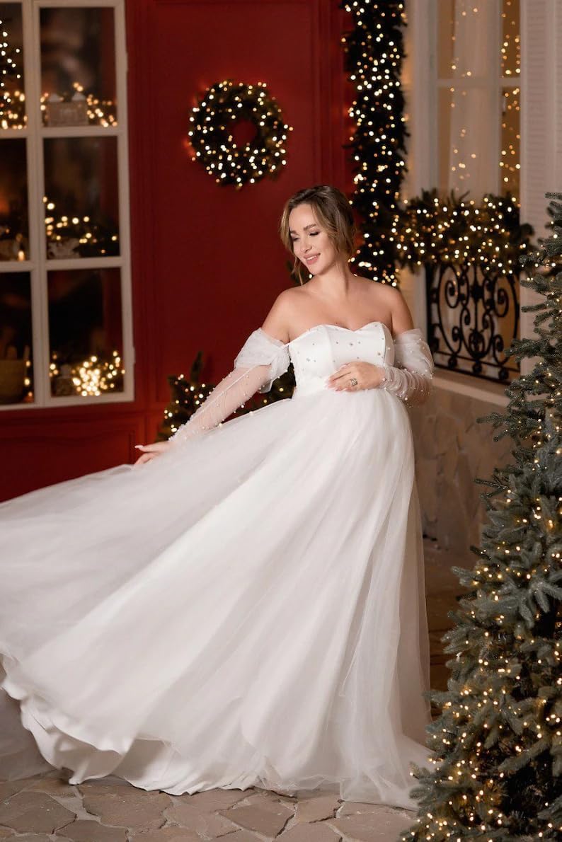 Changun Tulle Pearl Maternity Dress for Photoshoot Long Sleeve Off Shoulder Babyshower Wedding Bridal Robe Pregnancy Gown