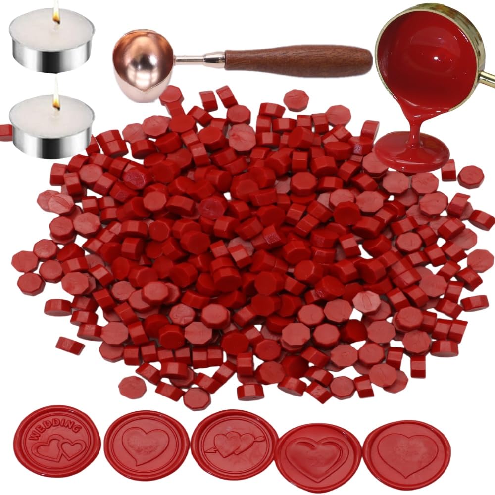 150 Pcs Octagon Sealing Wax Beads Red WaxSeal Beads with 2Pcs Tea Candles and 1 Pcs Wax Melting Spoon for Crafts Letter Wine Greeting Cards Sealing (150, Red)