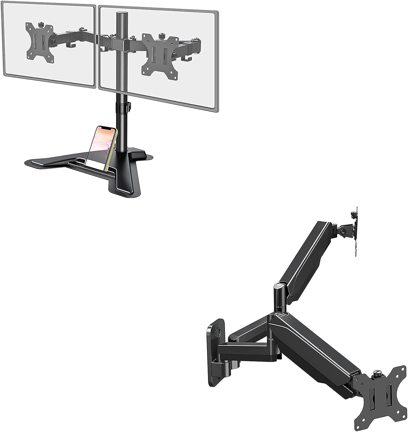 MOUNT PRO Dual Monitor Stand - Free Standing Full Motion Monitor Desk Mount Fits 2 Screens up to 27 inch and Dual Monitor Wall Mount Bracket - Height Adjustable Full Motion Gas Spring Monitor Arm
