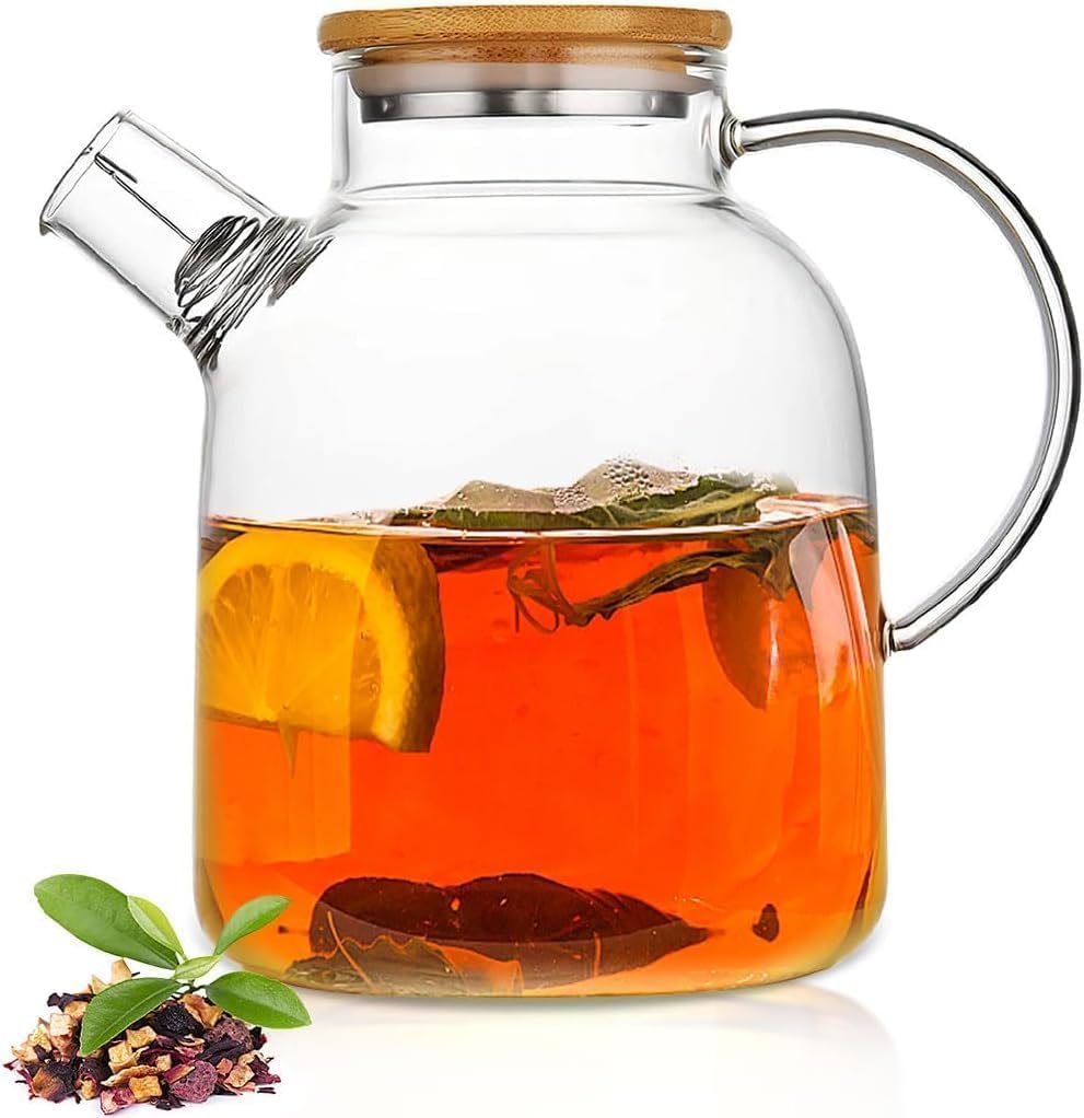 Jinelza Glass Teapot with Wooden Bamboo Lid Stove-Top Glass Kettle Heat-Resistant Borosilicate Pitcher Carafe No-Dripping Stovetop Safe Glass Tea Kettle Pot Serving Jar 1800ML - 1 Pcs