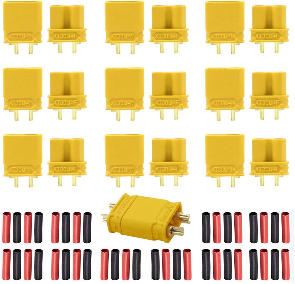 10 Pairs Amass XT30U(XT30 Upgrade) Male Female Bullet Connectors Power Plugs Adapters with 20 Pairs Heat Shrink Tube for RC Lipo Battery ESC Electric self-Balancing Scooters