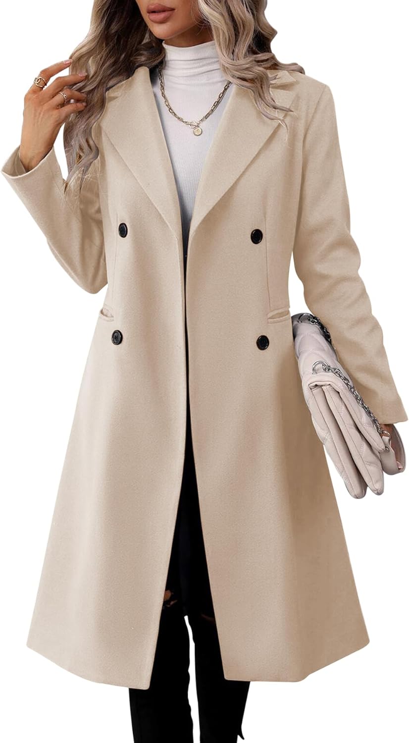 Elegant Beige Double-Breasted Wool Blend Coat for Women