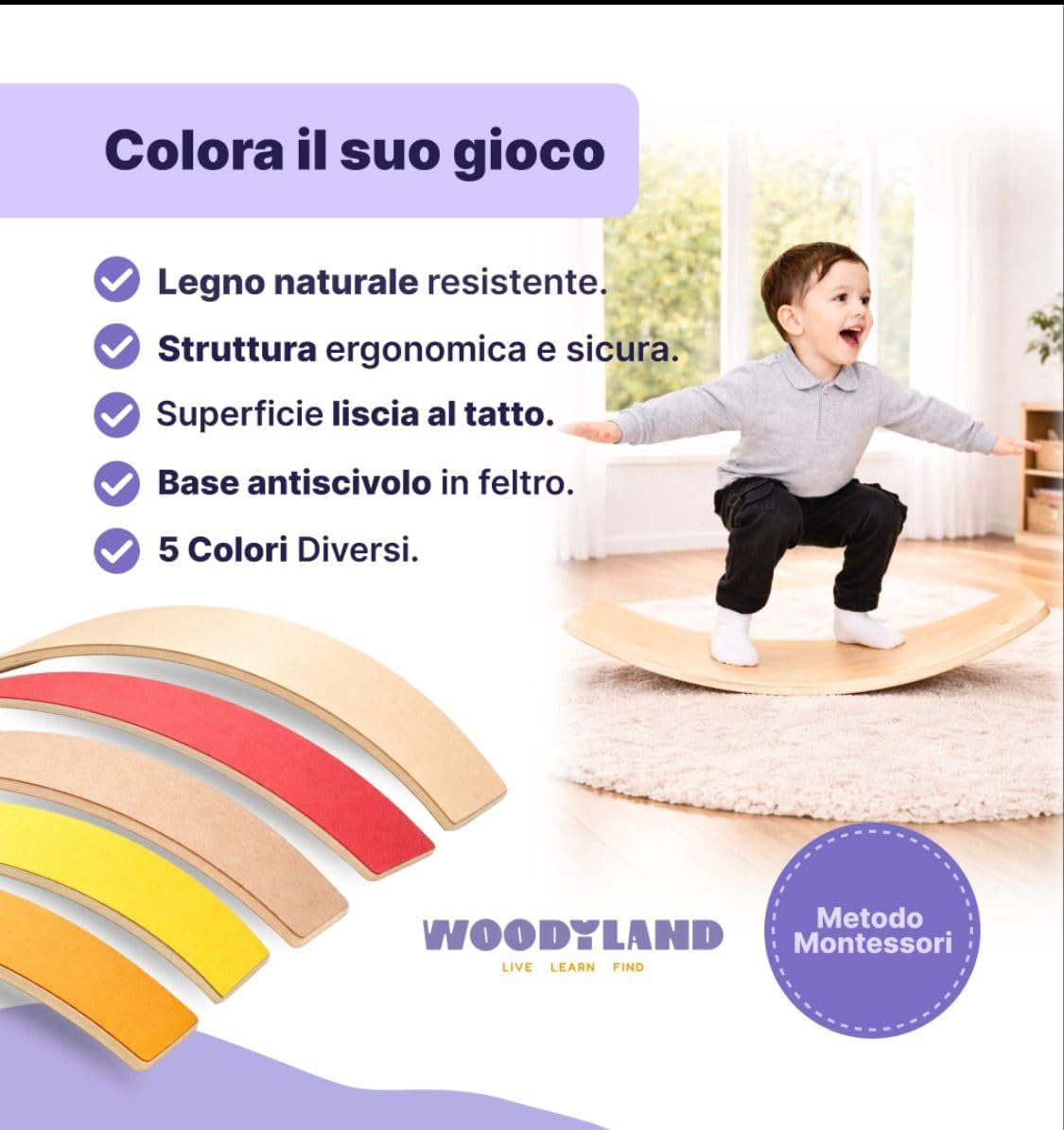 WOODYLAND Tavola di Equilibrio per Bambini, Ispirazione Montessori, Balance Board Fly in Legno Naturale, Tappetino Antiscivolo in Feltro, 80 x 30 cm