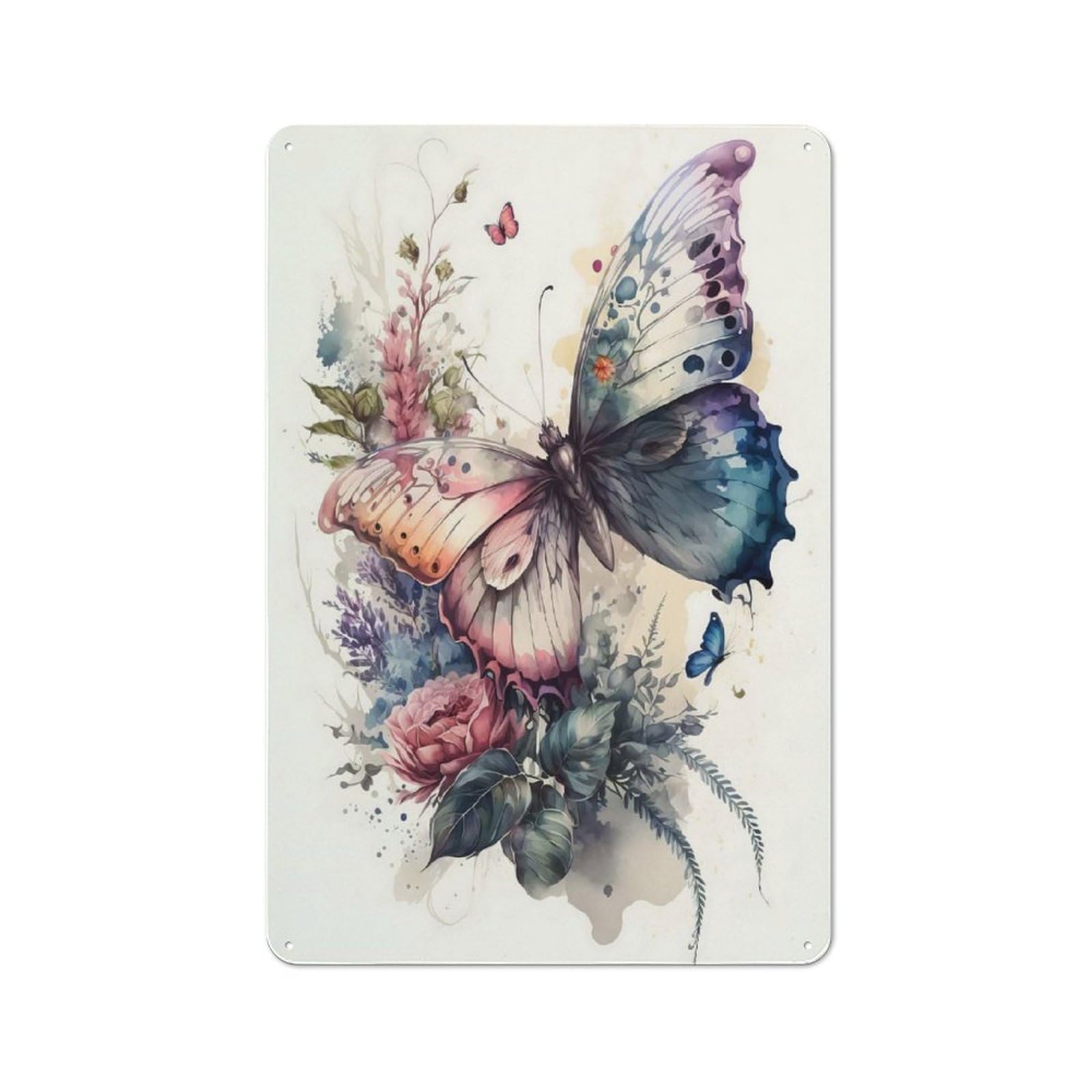 Junmoney Style-20 For Hobby Room Or Studio, Butterfly Watercolor Rustic Tin Wall Plaque 30X20cm, For Vintage Wall Decor Fans, For Metal Sign Collectors