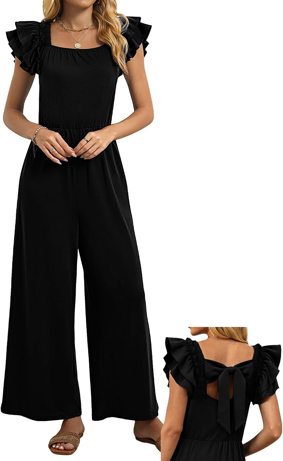 Womens Jumpsuits Bow Tie Back Ruffle Cap Sleeve Casual Wide Leg Romper Beach Vacation One Piece Summer Outfits