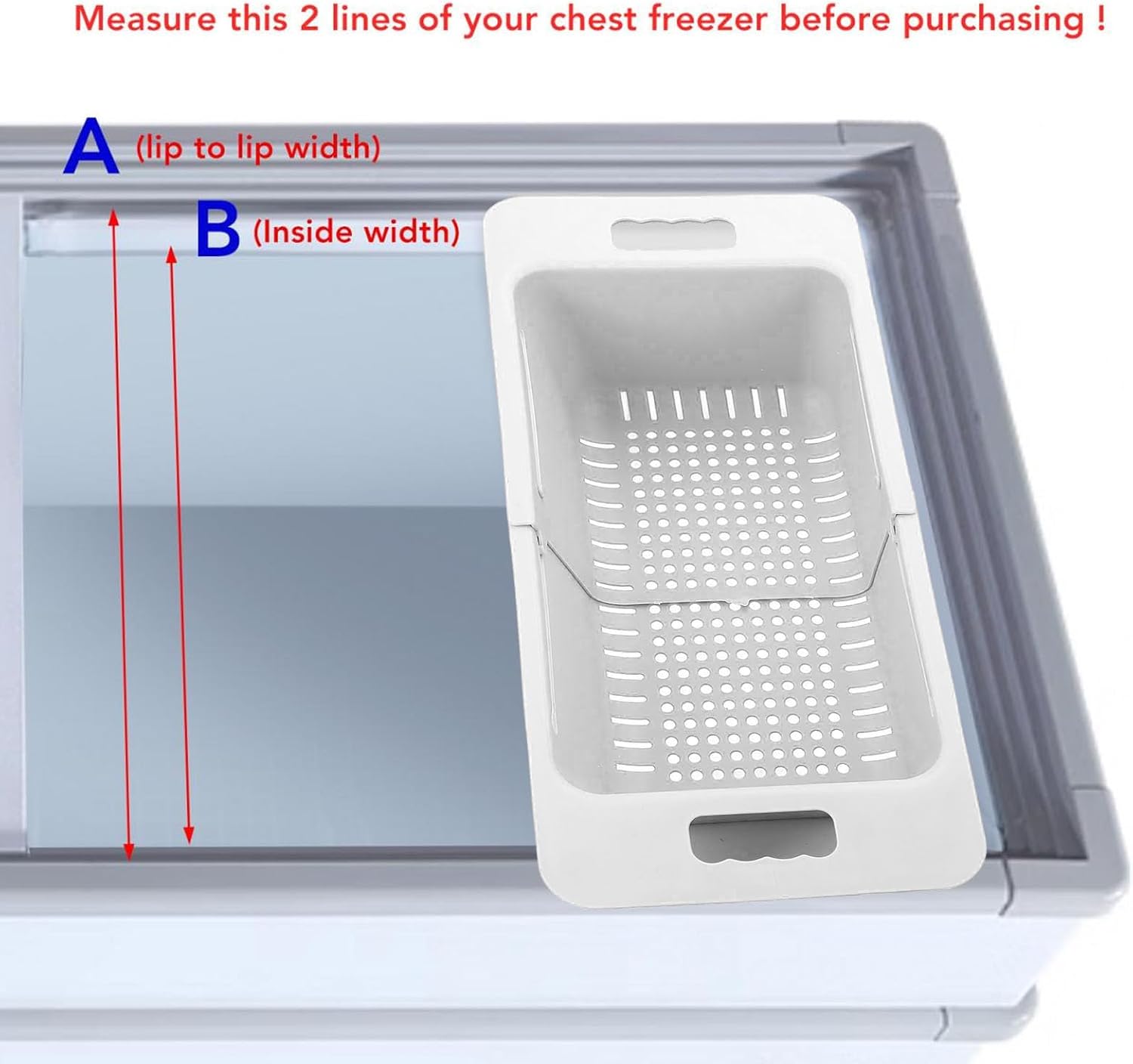 Expandable Chest Freezer Organizer Bin with Handle, Multifunctional Organizer Bin, Deep Adjustable Storage Divider for Freezer Basket, Ider for Kitchen Organization (White)