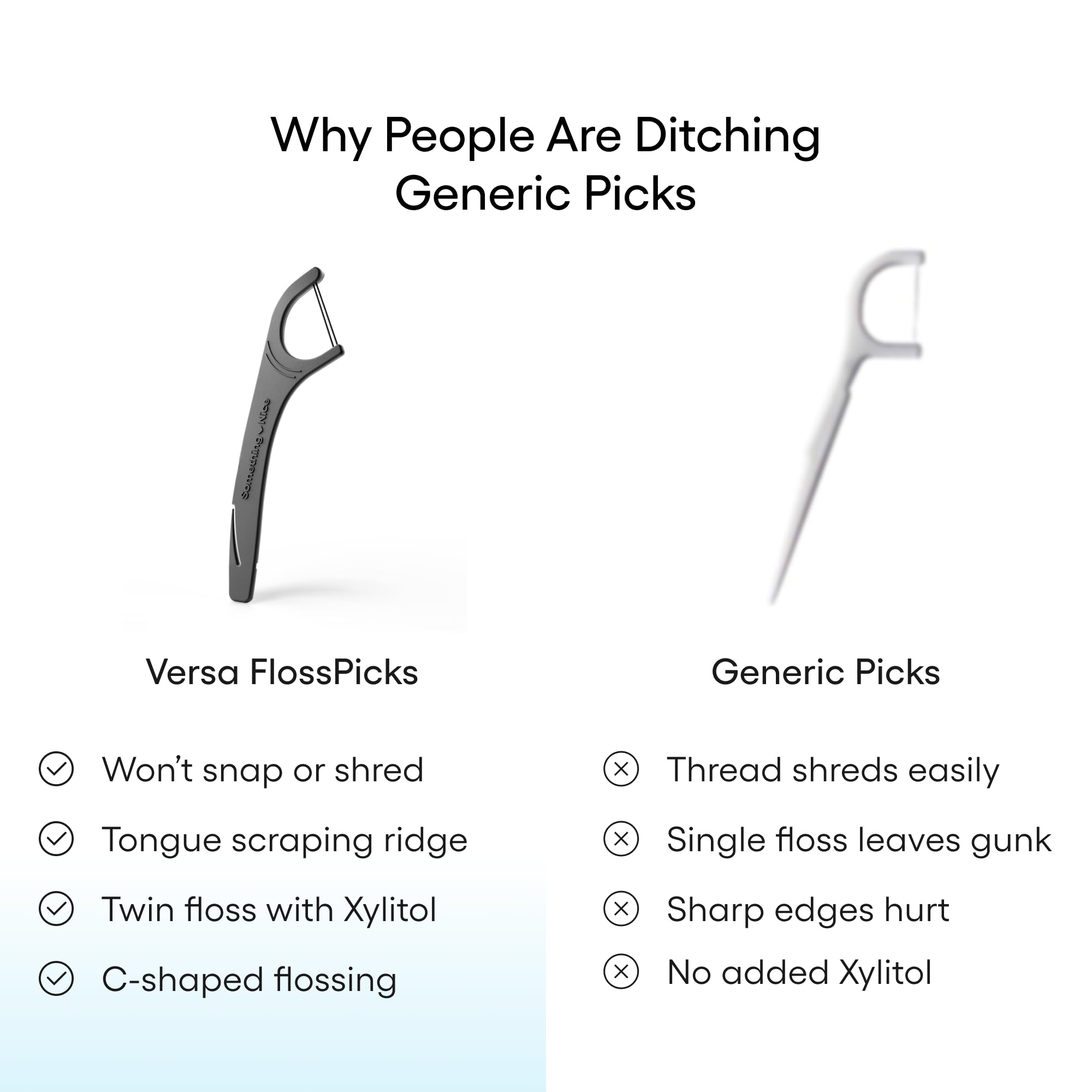 SOMETHING NICE Versa Floss Picks - Hilo dental doble fresco de menta para mayor resistencia con sabor a menta, palillos de hilo dental con raspador de lengua, hilo dental con xilitol para una mayor
