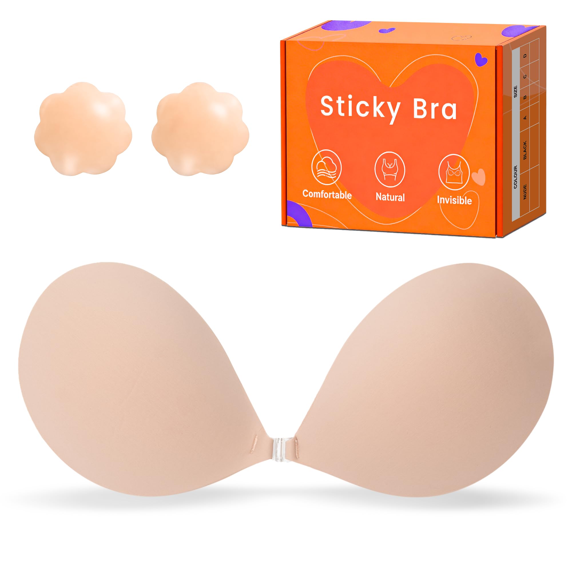 Sticky Push Up Strapless Bras for Women,Ultra Adhesive Bra for Backless Dress,Invisible Silicon Bra with Nipple Covers (F Cup,Nude)