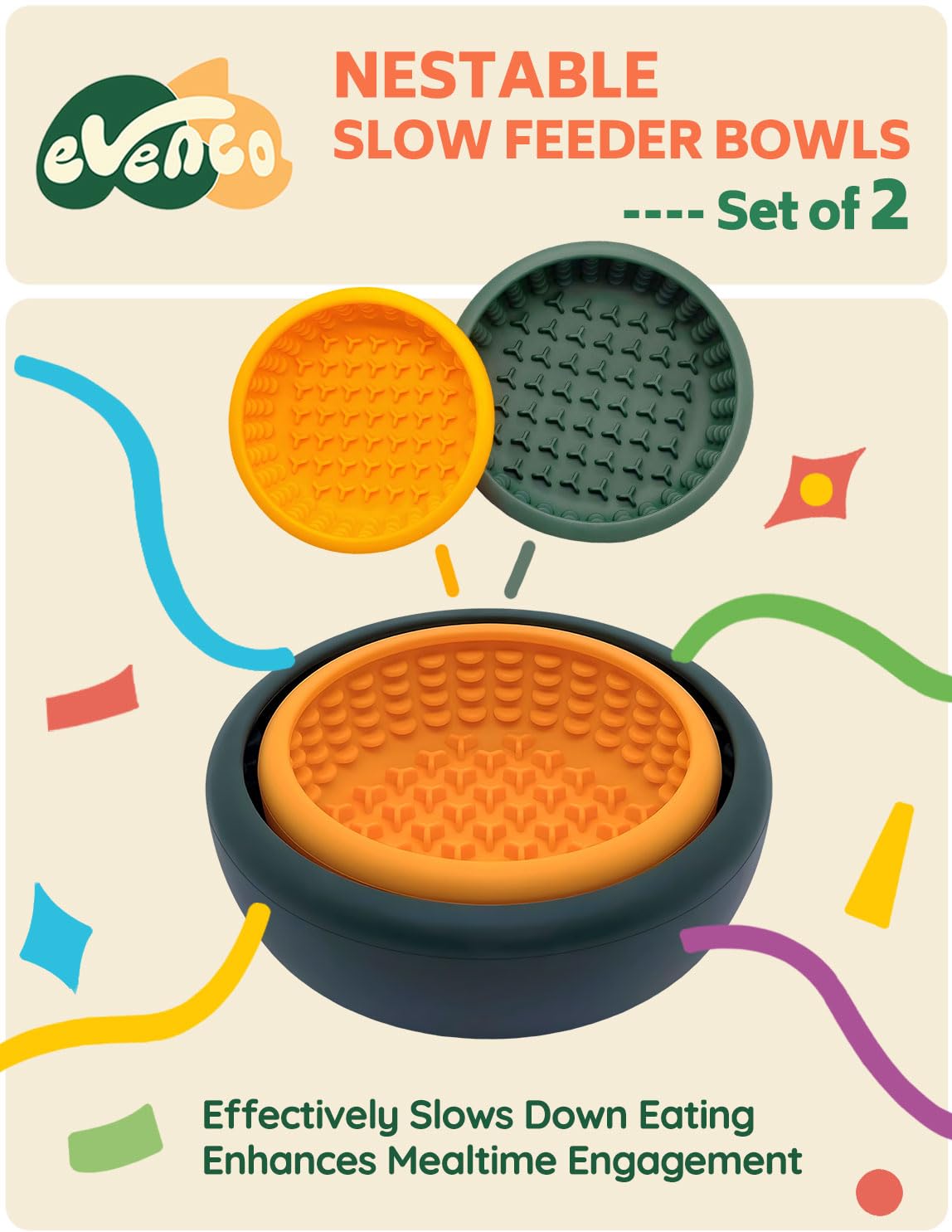 Slow Feeder Hundenäpfe aus Silikon, mit Saugnäpfen für Welpen, klein, orange und mittel-dunkelgrün, 2 Stück